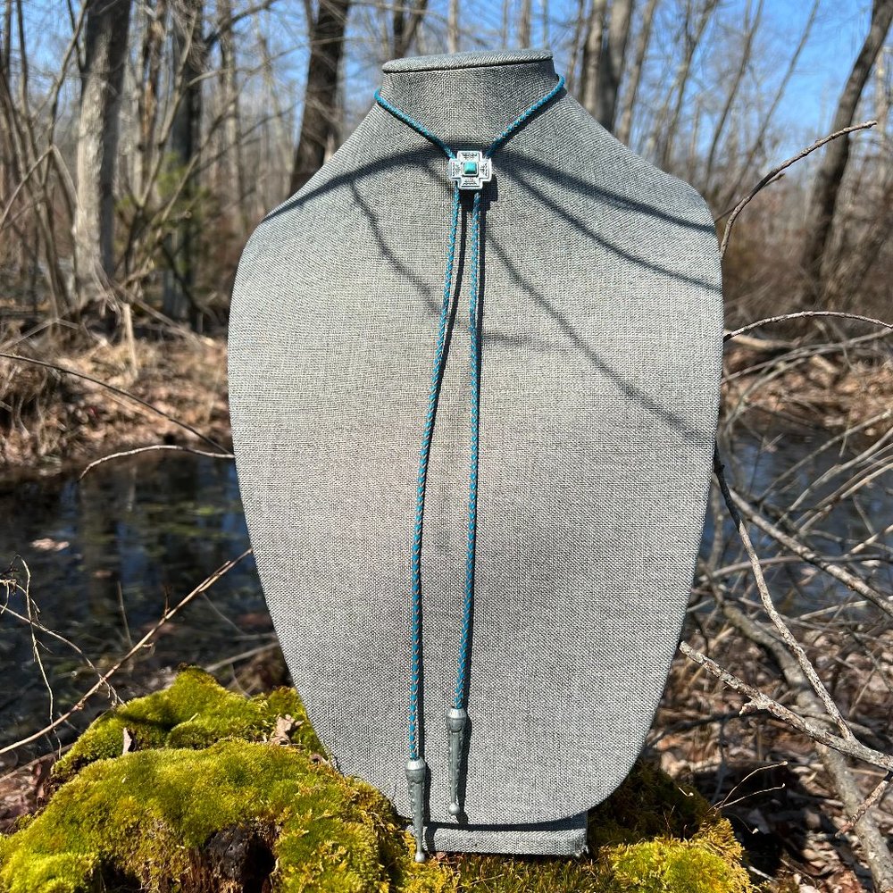 Americana Bolo Tie Necklace Braided Leather Silver and Synthetic Turquiose